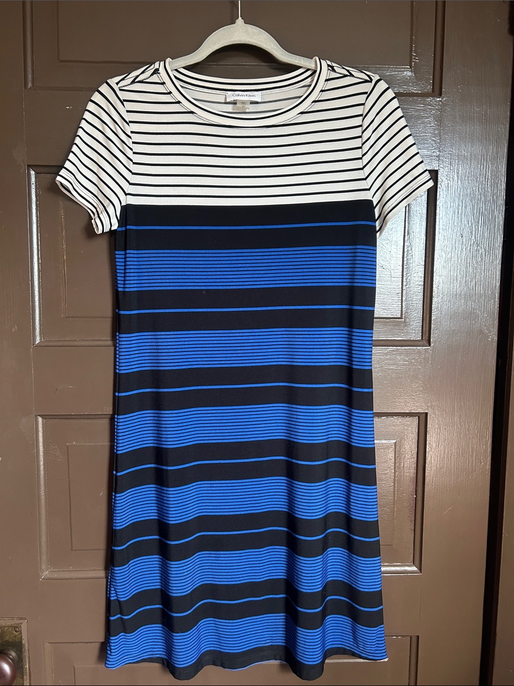 Calvin Klein Blue, Black and White Striped Short-Sleeve Dress